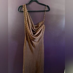 Brown One-Shoulder Draped Slip Dress with Dots